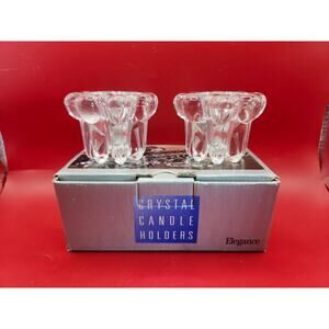 Elegance Crystal Candle Holders Set of Two, 2-Inch Scalloped Flowers Vtg in Box